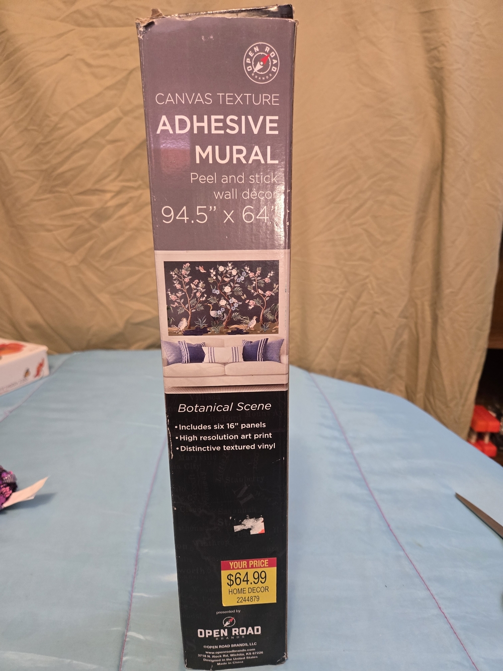 94.5” x 64”  Self-Adhesive Botanical Bird Scene Canvas Texture Wall Mural. New